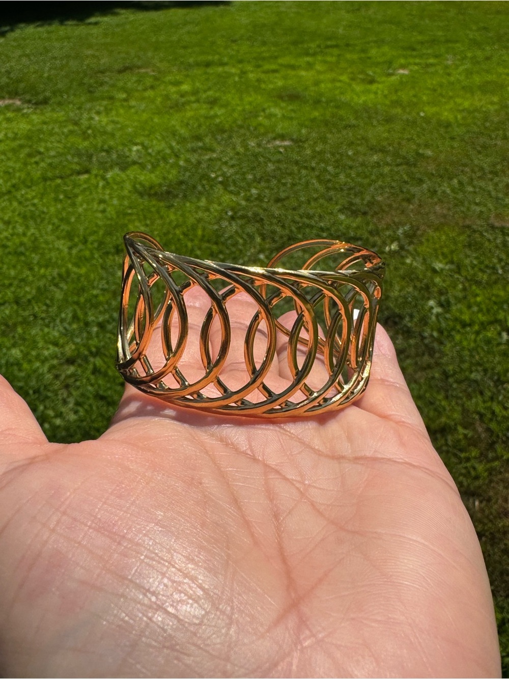 Gold Tone Stainless Steel Openwork Cuff Bracelet Adjustable Statement Bangle - Picture 4 of 7